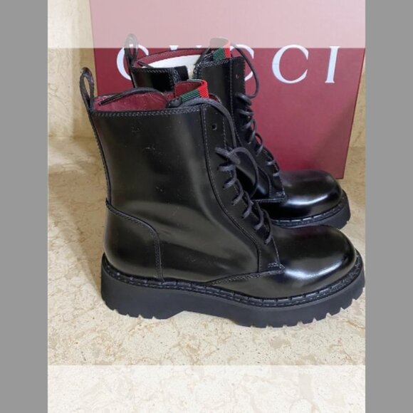 Gucci Thea Leather Web Combat Booties (Fit runs Small) Order Size Up (10B/40EU) - Picture 3 of 6